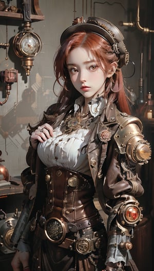 (masterpiece, best quality, best quality, official art, beautiful and aesthetic:1.2), (one girl:1.3), red hair, copper and leather world, highly detailed, (steampunk:1.2), colorful, highest detail, mix4, cute girl, super steampunk, steampunk, real hands,Japan Hime_cut style,little_cute_girl,yurisa_chan,realhands