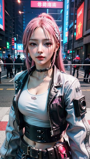 ((Best Quality)), ((Excellent)), (Very Detailed: 1.3), 3D, Beautiful (Cyberpunk: 1.3) A hacker woman with pink dyed hair and wearing white clothes looking into the camera, a gunslinger woman, a cyberpunk pistol,