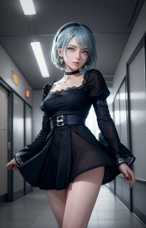 (masterpiece, top quality, one girl, solo, exquisite details, chromatic aberration, authentic,) :1.4), yellow eyes, earrings, piercing eyes, choker, blue hair, uniform, ,kawaiitech, skirt , sleeves, hijabsteampunk, demonictech, (symmetrical eyes), (perfect symmetrical body), hospital corridor, look at the beholder, 2b, beautiful legs, cyber blue moon,