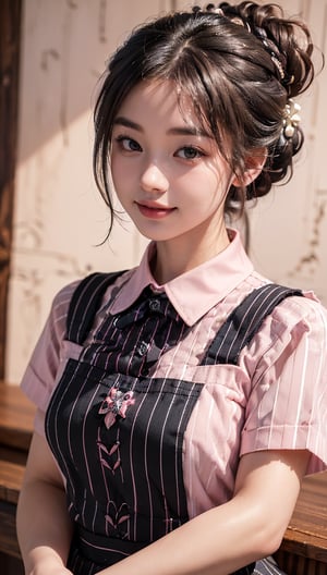 ((Top quality, 8k, masterpiece)), ultra detailed, sharp focus, beautiful woman, ((pink pinstripe polar apron: 1.4)), (updo: 1.4), (simple collared shirt: 1.4), highly detailed face and skin texture, ((fine grain)), ((beautiful black eyes: 1.4)), (smile: 1.15), (mouth closed), cafe, cute girl,brown hair