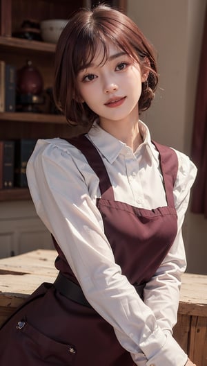 ((Top Quality, 8K, Masterpiece)), Highly Detailed, Sharp Focus, One Beautiful Woman, ((Maroon Polar Apron: 1.4)), (Upstyle: 1.4), (Simple Collared Shirt : 1.4), very detailed face and skin texture, ((fine grain)), ((beautiful black eyes: 1.4)), (smile: 1.15), (mouth closed), cafe, cute girl