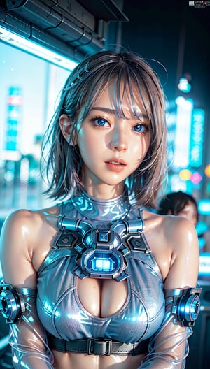 masterpiece, best quality, raw photo, realistic, destroyed, photo of broken humanoid cyborg woman, human face, beautiful synthetic human body, intricate lines and patterns decorate her body, silver hair, orange cyborg outfit, surrounded by neon blue mist, sleek futuristic look, distress, violent death, helpless, inside spaceship, (glowing galaxy view from window :1.2), sterile, portrait photography, cinematic, light blue and white color scheme, 8k, raw photo, best quality, ultra high resolution, intricate, photorealistic, masterpiece, ultra detailed, crisp and vibrant lighting, translucent, transparent, cyberpunk,1 GIRL