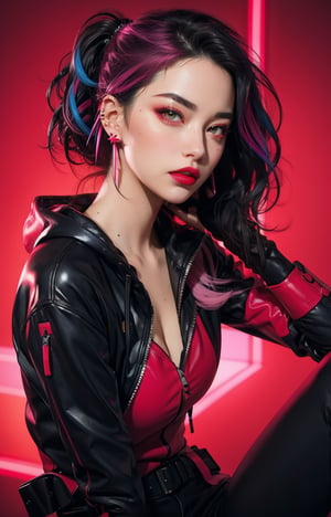 1 Girl, Angry Veins, Black Eyes, black hair, (highlights hair, pink streaked hair), green Eyes, Buttons, Ear Piercings, Cyberpunk Hoodie, Jewelry, Lips, Lipstick, Looking at Viewer, Colorful Hair, Red Lips, Simple Background, Solo, (Portrait, From the Thigh Up, Dynamic Angle: 1.2), Neon Lights, (Red Theme: 1.2), Dark Theme,sexy,latexsuit