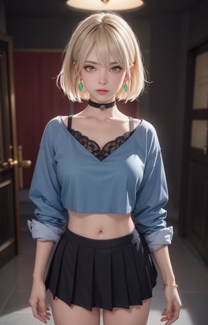 (Masterpiece, Best Quality, 1 Girl, Solo, Intricate Details, Chromatic Aberration, Realistic,) :1.4), yellow eyes, earrings, sharp eyes, choker, neon shirt, open jacket, crop top, (symmetrical eyes), (perfect symmetrical body), live house entrance, look at the viewer, 2b,beautylegs,school uniform 