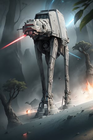 ((1 male)), AT-AT Walker, whole body, 3D figure, AT-AT, damaged AT-AT, scratches on the exterior, tracer bullets, (laser beams:1.4), laser beams flying around, natural light, realistic image quality, dynamic pose, video lighting , Perfect Composition, Super Detail, Official Art, Masterpiece, Top Quality, Reflections , High Resolution CG Unity 8K Each Wallpaper, Detailed Background, Masterpiece, Photorealistic, Random Angle, Forest Planet, Endor, Jungle, Full Body, Star Wars ,