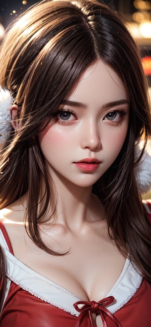 One girl, Santa Claus costume, fun, hopeful, close-up portrait, complex, elegant, volumetric lighting, landscape, digital painting, highly detailed, art station, sharp focus, illustration, concept art