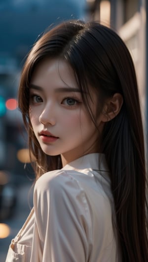 (hyper-realistic), (illustration), (high resolution), (8K), (extremely detailed), (best illustration), Yoru (Chainsaw Man), (beautiful detailed eyes), (best quality), (ultra-detailed ), (artwork), (wallpaper), (detailed face), Alone, torso, focus on face, 1 girl, long black hair, Korean, thin shadow, Very detailed eyes, brown eyes, small spots under the eyes eyes, long sleeve shirt, neck bow, small breasts, pinafore dress, dynamic pose, low lighting, night, dark, clouds, dark night,solo,1girl