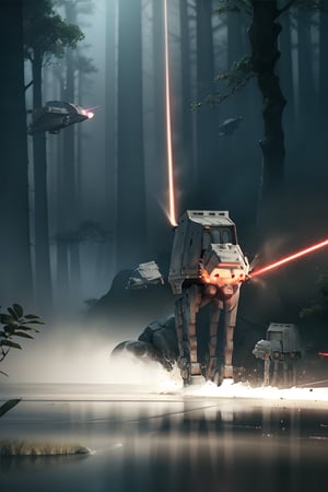 ((1 male)), AT-AT Walker, whole body, 3D figure, AT-AT, damaged AT-AT, scratches on the exterior, tracer bullets, (laser beams:1.4), laser beams flying around, natural light, realistic image quality, dynamic pose, video lighting , Perfect Composition, Super Detail, Official Art, Masterpiece, Top Quality, Reflections , High Resolution CG Unity 8K Each Wallpaper, Detailed Background, Masterpiece, Photorealistic, Random Angle, Forest Planet, Endor, Jungle, Full Body, Star Wars ,