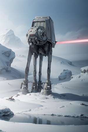 ((1 male)), AT-AT Walker, whole body, 3D figure, AT-AT, natural light, realistic image quality, dynamic pose, flying laser beams, tracer bullets, snow smoke, video lighting, perfect composition, super detail, official art, masterpiece , best quality, reflections, each high resolution CG Unity 8K wallpaper, detailed background, masterpiece, photorealistic, random angle, snow field, ice planet, HOTH, full body, Star Wars,