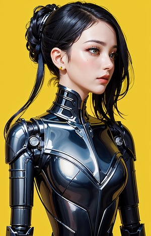 profile photo, in front of the yellow wall, Asian cyborg woman without body, connected by cable, Twisted cable and wire and LED, Charming eyes bodypunk PLC robot、silver motor head, with ray gun, 80 degree field of view, art by：sergio lopez, natalie shau, James Jean and Salvador Dali, (Yellow background:1.5),a photo of snha woman