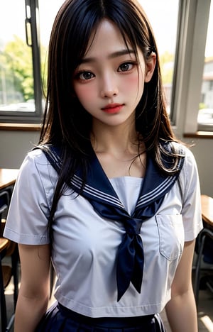 Realistic black eyes, white skin, medium black hair, perfect face, perfect eyes, (sad smile: 0.7), school uniform, serafuku, pleated skirt, sailor collar, white shirt, beautiful girl, school classroom, very Detailed and comprehensive film, digital painting, 8K, cinematic lighting, top quality, high resolution, great work, post-processing, perfect result, surreal, minji