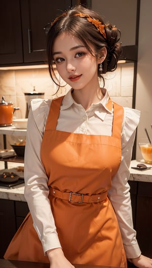 ((highest quality, 8k, masterpiece)), Super detailed, Sharp focus, One beautiful woman, ((Deep orange Polar Apron:1.4)), (Updo:1.4), (Simple collared shirt:1.4), Highly detailed face and skin texture, ((Fine grain)), ((Beautiful dark eyes:1.4)), (smile:1.15), (Mouth closed), Cafe,cute girl