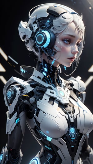 Every detail is exquisitely crafted, with meticulous light and shadow processing, creating an extraordinary sci-fi texture. , The image of a half-machine, half-human character, the sci-fi headset and facial contour, and the integration of blue luminous bodies, complex structure, intricate details, geometric shapes, neon colors, electronic sounds, digital elements, abstract graphics, web, data interaction, virtual reality (skin glow), The simple and atmospheric color scheme, focusing on the main character, creates a solemn and calm atmosphere, transparent texture and highly luminous body elements. , Strong futuristic and sci-fi elements, transparent texture, geometric lines and minimalist shapes, masterpiece, top quality, , Masterpiece, top quality, aesthetic and absurd,futubot,nanotech,love_doll