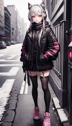 realistic, best quality, 4K wallpaper, masterpiece, extremely detailed CG unity 8k wallpaper, extremely detailed eyes, ultra-detailed, intricate details, 1girl, solo, red eyes, silver hair, long hair, TheEmpireStyle, xuer Luxury brand fashion, white, jewelry,  looking at viewer, full body, road sign, street park, street, Cyberpunk city,  hand in pocket,black jacket,skirt,scarf,sneakers,heart,thighhighs,puffy sleeves,gloves,pink eyes,hair ornament,building,pink gloves,animal ear headphones,headphones,black skirt,asymmetrical legwear, Chanel costume,TheEmpireStyle