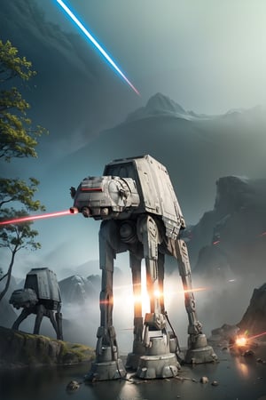 ((1 male)), AT-AT Walker, whole body, 3D figure, AT-AT, damaged AT-AT, scratches on the exterior, tracer bullets, (laser beams:1.4), laser beams flying around, natural light, realistic image quality, dynamic pose, video lighting , Perfect Composition, Super Detail, Official Art, Masterpiece, Top Quality, Reflections , High Resolution CG Unity 8K Each Wallpaper, Detailed Background, Masterpiece, Photorealistic, Random Angle, Forest Planet, Endor, Jungle, Full Body, Star Wars ,