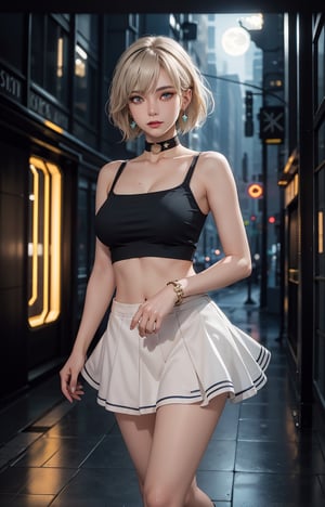 (masterpiece, best quality, one girl, solo, exquisite details, chromatic aberration, realistic,) :1.4), yellow eyes, earrings, piercing eyes, choker, neon shirt, camisole, crop top, (symmetrical eyes), (perfect symmetrical body), live house entrance, look at the viewer, 2b, beautiful legs, school uniform, cyber blue moon, lvdress