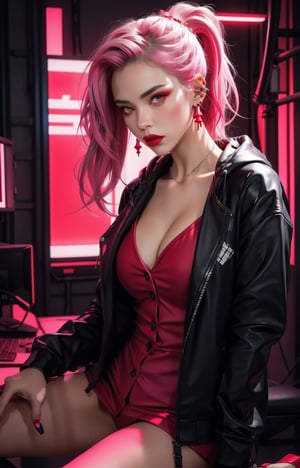 1 Girl, Angry Veins, Black Eyes, black hair, (highlights hair, pink streaked hair), green Eyes, Buttons, Ear Piercings, Cyberpunk Hoodie, Jewelry, Lips, Lipstick, Looking at Viewer, Colorful Hair, Red Lips, Simple Background, Solo, (Portrait, From the Thigh Up, Dynamic Angle: 1.2), Neon Lights, (Red Theme: 1.2), Dark Theme,sexy,latexsuit