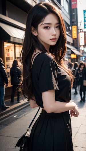 Masterpiece, high-definition viewer, JPNIODL's beautiful model, beautiful brown semi-long hair, amazing high resolution, wide-angle lens, 14mm lens, low angle, low-angle shot, detailed eyes, Harajuku, Takeshita Street, slope, cityscape at dusk, Adds 8K high resolution, instant poses, detailed backgrounds, Casual fashion, Tyndall effect, backlighting, hair detailing, detailed face, detailed nose, detailed mouth, detailed body, and hair details. and paint.
,Bomi,fashion