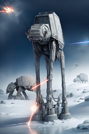 ((1 male)), AT-AT Walker, whole body, 3D figure, AT-AT, natural light, realistic image quality, dynamic pose, flying (laser beams:1.4), tracer bullets, snow smoke, video lighting, perfect composition, super detail, official art, masterpiece , best quality, reflections, each high resolution CG Unity 8K wallpaper, detailed background, masterpiece, photorealistic, random angle, snow field, ice planet, HOTH, full body, Star Wars,