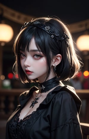 Best quality, 8K, Masterpiece: 1.3, Gothic punk, Red inner color, Grayish black hair, Short Bob Hair, Hair accessories, Cute girl, Creative, Dark fantasy style, Neo-goth, Goth fashion: 1.2, Gorgeous makeup, High resolution, Masterpiece, Best quality, Head w: 1.3, ((Hasselblad photography)), Fine skin, Sharp focus, (Cinematic lighting), Realistic textured hair,Ground Mine Girl