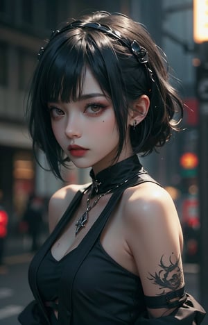 Best quality, 8K, Masterpiece: 1.3, Gothic punk, Red inner color, Grayish black hair, Short Bob Hair, Hair accessories, Cute girl, Creative, Dark fantasy style, Neo-goth, Goth fashion: 1.2, Gorgeous makeup, High resolution, Masterpiece, Best quality, Head w: 1.3, ((Hasselblad photography)), Fine skin, Sharp focus, (Cinematic lighting), Realistic textured hair,