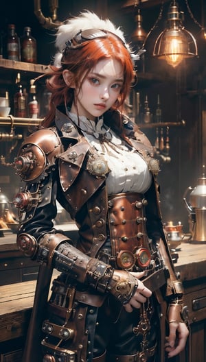 (masterpiece, best quality, best quality, official art, beautiful and aesthetic:1.2),(1 girl:1.3),red hair,copper and leather world,highly detailed,(steampunk:1.2),(white leather steampunk outfit:1.2) colorful,best details,mix4,cute girl,super steampunk,steampunk,real hands,japanese hime cut style,cute girl,yurisa-chan,1 GIRL,real hands