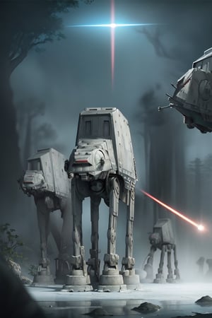 ((1 male)), AT-AT Walker, whole body, 3D figure, AT-AT, damaged AT-AT, scratches on the exterior, tracer bullets, (laser beams:1.4), laser beams flying around, natural light, realistic image quality, dynamic pose, video lighting , Perfect Composition, Super Detail, Official Art, Masterpiece, Top Quality, Reflections , High Resolution CG Unity 8K Each Wallpaper, Detailed Background, Masterpiece, Photorealistic, Random Angle, Forest Planet, Endor, Jungle, Full Body, Star Wars ,