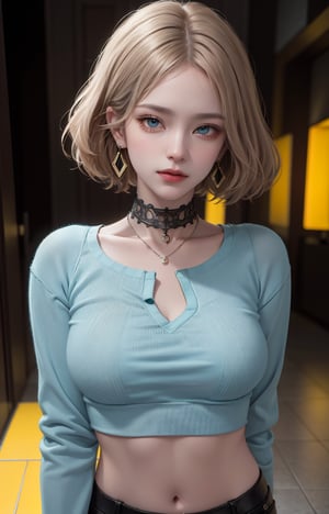 (Masterpiece, Best Quality, 1 Girl, Solo, Intricate Details, Chromatic Aberration, Realistic,) :1.4), yellow eyes, earrings, sharp eyes, choker, neon shirt, open jacket, crop top, (symmetrical eyes), (perfect symmetrical body), live house entrance, look at the viewer, 2b,beautylegs