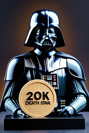 Darth Vader holds up a plaque with the text "20 K" and a Death Star figurine,style_bebas,style_brush,text as "20 K"