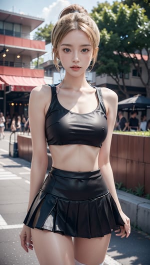 1 girl, solo, breasts, looking at viewer, blonde hair, twintail, skirt, thigh high socks, belly button, pigtails, jewelry, cheerleader, clothes writing, white crop top, sleeveless shirt, midriff, miniskirt, pleated skirt, holding pom poms, earrings, outdoors, midriff, earrings, finger ring, ear piercing, black nails, real, leather, SNHA women photography,sexy_cheerleader