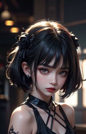 Best quality, 8K, Masterpiece: 1.3, Gothic punk, Red inner color, Grayish black hair, Short Bob Hair, Hair accessories, Cute girl, Creative, Dark fantasy style, Neo-goth, Goth fashion: 1.2, Gorgeous makeup, High resolution, Masterpiece, Best quality, Head w: 1.3, ((Hasselblad photography)), Fine skin, Sharp focus, (Cinematic lighting), Realistic textured hair,Ground Mine Girl