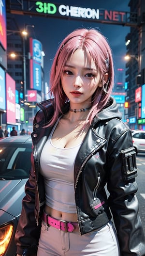 ((Best Quality)), ((Excellent)), (Very Detailed: 1.3), 3D, Beautiful (Cyberpunk: 1.3) A hacker woman with pink dyed hair and wearing white clothes looking into the camera, a gunslinger woman, a cyberpunk pistol,