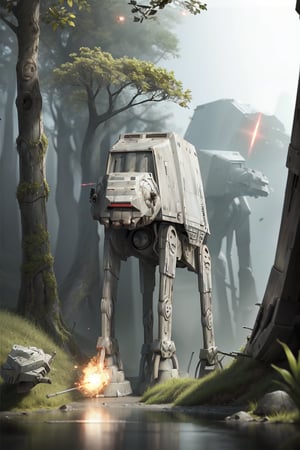 ((1 male)), AT-AT Walker, whole body, 3D figure, AT-AT, damaged AT-AT, scratches on the exterior, tracer bullets, (laser beams:1.4), laser beams flying around, natural light, realistic image quality, dynamic pose, video lighting , Perfect Composition, Super Detail, Official Art, Masterpiece, Top Quality, Reflections , High Resolution CG Unity 8K Each Wallpaper, Detailed Background, Masterpiece, Photorealistic, Random Angle, Forest Planet, Endor, Jungle, Full Body, Star Wars ,