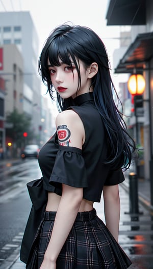 1girl,shaded face,upper body,,punk,black shirt,choker,tattoo,bangs,in the dark,under the eaves,rain,rainy day,plaid skirt,multicolored hair,thigh boots,black lips,hypnoLora,empty eyes,against wall,,dark theme,night,lamppost,wind,floating hair,from side,looking back, Asian women's face,model,skin,White