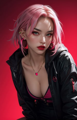 1 Girl, Angry Veins, Black Eyes, black hair, (highlights hair, pink streaked hair), green Eyes, Buttons, Ear Piercings, Cyberpunk Hoodie, Jewelry, Lips, Lipstick, Looking at Viewer, Colorful Hair, Red Lips, Simple Background, Solo, (Portrait, From the Thigh Up, Dynamic Angle: 1.2), Neon Lights, (Red Theme: 1.2), Dark Theme,sexy,latexsuit