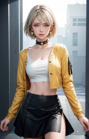 (Masterpiece, Best Quality, 1 Girl, Solo, Intricate Details, Chromatic Aberration, Realistic,) :1.4), yellow eyes, earrings, sharp eyes, choker, neon shirt, open jacket, crop top, (symmetrical eyes), (perfect symmetrical body), live house entrance, look at the viewer, 2b,beautylegs,school uniform ,CyberBlueMoon,lvdress