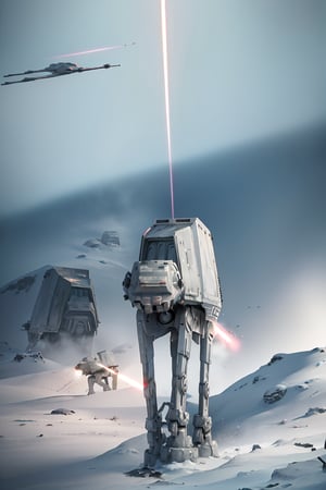 ((1 male)), AT-AT Walker, whole body, 3D figure, AT-AT, natural light, realistic image quality, dynamic pose, flying (laser beams:1.4), tracer bullets, snow smoke, video lighting, perfect composition, super detail, official art, masterpiece , best quality, reflections, each high resolution CG Unity 8K wallpaper, detailed background, masterpiece, photorealistic, random angle, snow field, ice planet, HOTH, full body, Star Wars,