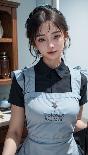 ((Top Quality, 8K, Masterpiece)),Very detailed, Sharp focus, Beautiful woman, ((Light blue polar apron: 1.4)), (Upstyle: 1.4), (Simple collared shirt: 1.4), Highly detailed face and skin texture, ((Fine grain)), ((Beautiful black eyes: 1.4)), (Smile: 1.15), (Mouth closed), Cafe, Cute girl