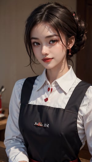 ((highest quality, 8k, masterpiece)), Super detailed, Sharp focus, One beautiful woman, ((red Polar Apron:1.4)), (Updo:1.4), (Simple collared shirt:1.4), Highly detailed face and skin texture, ((Fine grain)), ((Beautiful dark eyes:1.4)), (smile:1.15), (Mouth closed), Cafe,cute girl