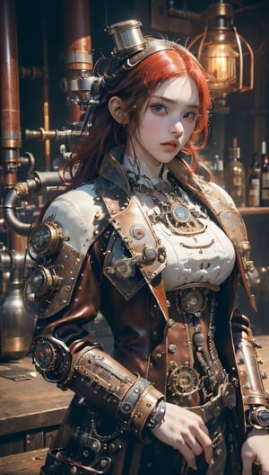 (masterpiece, best quality, top quality, official art, beautiful and aesthetic:1.2),(1 girl:1.3),red hair,leather world,highly detailed,(steampunk:1.2),(white leather steampunk outfit:1.4) colorful,best detail,mix4,cute girl,super steampunk,steampunk,real hand,japanese hime cut style,cute girl,yurisa-chan,1 girl,real hand