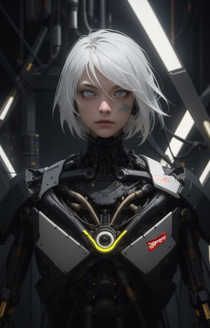 Futuristic, mechanical, high-tech, black-and-white-gray, metallic, streamlined, complex construction, intricate details, geometric shapes, neon colors, electronic sound, digital elements, abstract graphics, the web, data interaction, virtual reality (Skin radiance), (Highly detailed skin with visible pores), (Gorgeous decoration: 1.2), (Colored eyes: 1.3), clean. Beautiful face. masterpieces, (((((Supreme Works of art))))), award-winning works, award-winning works of art, intricate details, attention to detail, cinematic effects, cinematic sensations, surrealism, award-winning portraits, realistic design for photo quality, (ultra high resolution, best quality, reality) , Complex composition,Cyber_Shaman,yorha type a no. 2,very long hair, blue eyes, white hair, robot joints, android,futubot 