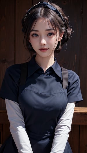((highest quality, 8k, masterpiece)), Super detailed, Sharp focus, One beautiful woman, Chignon, ((Navy Polar Apron:1.4)), (Updo:1.4), (Simple collared shirt:1.4), Highly detailed face and skin texture, ((Fine grain)), ((Beautiful dark eyes:1.4)), (smile:1.15), (Mouth closed), Cafe,cute girl