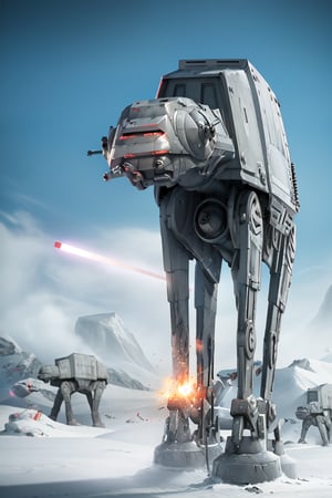 ((1 male)), AT-AT Walker, whole body, 3D figure, AT-AT, natural light, realistic image quality, dynamic pose, flying (laser beams:1.4), tracer bullets, snow smoke, video lighting, perfect composition, super detail, official art, masterpiece , best quality, reflections, each high resolution CG Unity 8K wallpaper, detailed background, masterpiece, photorealistic, random angle, snow field, ice planet, HOTH, full body, Star Wars,