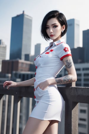 Quality, 8K, 32K, Masterpiece: 1.3), Ultra-detailed, (Photorealistic: 1.4), Caucasian, Albino, Punk girl, Detailed eyes, Upper body, Asymmetrical black hair, Gorgeous punk hair,nurse,  breast pocket, collared dress, short dress, short sleeves, thighs, white dress,
, Edgy punk fashion, Avant-garde makeup, Multiple piercings, Tattoos, City background, Backlight effect, Shallow depth of field, Blurred background, Ada Wong, Beautiful legs