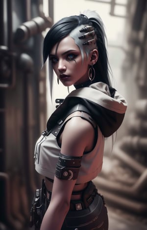 (Masterpiece, Best Quality, 1 Girl, Solo, Intricate Details, Chromatic Aberration), Real,, 2bTheEmpireStyle, White, White Cyborg Fashion Shot, Punk Warrior, ((Sigh)), (Sad Smile: 0.6), Long Hair, Black Hair , white headdress, pearl highlights, hair on one eye, yellow eyes, earrings, sharp eyes, , (symmetrical eyes), (perfectly symmetrical body), by the wall, fractal decoration staring at the viewer, Unreal Engine, ArtStation In trend, high-tech plastic,TheEmpireStyle,Maria