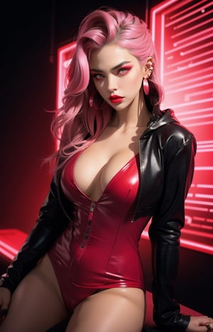 1 Girl, Angry Veins, Black Eyes, black hair, (highlights hair, pink streaked hair), green Eyes, Buttons, Ear Piercings, Cyberpunk Hoodie, Jewelry, Lips, Lipstick, Looking at Viewer, Colorful Hair, Red Lips, Simple Background, Solo, (Portrait, From the Thigh Up, Dynamic Angle: 1.2), Neon Lights, (Red Theme: 1.2), Dark Theme,sexy,latexsuit