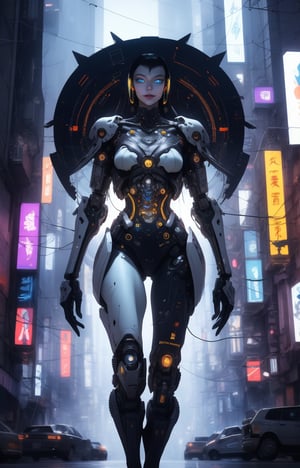 Futuristic, mechanical, high tech, black and white grey, metallic, streamlined, complex structure, exquisite details, geometric shapes, neon colors, electronic sounds, digital elements, abstract graphics, web, data interaction, virtual reality, (skin glow), (highly elaborate skin with visible pores), (luxurious decoration: 1.2), (colored eyes: 1.3), cute. beautiful smile. masterpiece, ((((best work of art))))), award winning, award winning work, exquisite details, attention to detail, futuristic city, full body, futuristic cyber model, cinematic effects, cinematic feeling, surrealism, award winning portrait, realistic design for photo quality, (ultra high resolution, best quality, reality), complex composition, Jiyoung, Jiyoung, Japanese Hime Cut style, translucent, transparent, cyberpunk, FuturEvoLab Cyberpunk