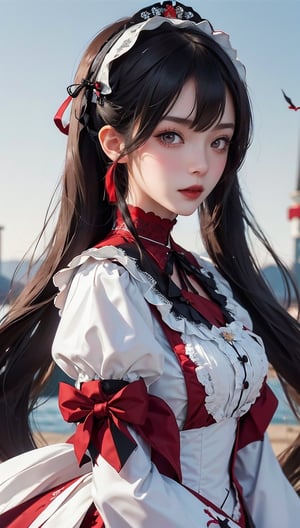 masterpiece, beautiful girl 1, detailed eyes, puffy eyes, best quality, super high resolution, (reality 1.4), original photo, 1 girl, (red and white gothic lolita fashion: 1.4), gothic lolita style, twin tails blowing in the wind, black hair, 46-angle bangs, on stage, real hands, cinematic lighting, japanese, asian beauty, korean, very beautiful, beautiful skin, slender, body facing forward, (ultra realistic), (high resolution), (8k), (highly detailed), (best illustration), (beautiful detailed eyes), (super detailed), detailed face, looking straight at the viewer, well dressed, black gothic lolita fashion, gothic lolita style, twin tails blowing in the wind, black hair, 46-angle bangs, on stage, real hands, beautiful