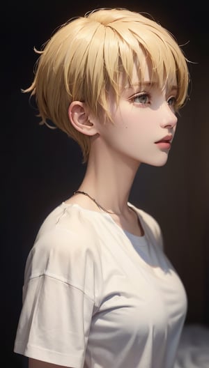 20 year old female, blonde, (High Top Fade: 1.3), dark theme, muted tones, muted colors, high contrast, (natural skin texture, hyperrealism, soft light, sharp), girl, medium breasted, white t-shirt, about to kiss, from the side, looking at viewer, looking away, earrings, choker