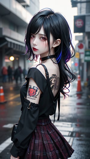 1girl,shaded face,upper body,,punk,black shirt,choker,tattoo,bangs,in the dark,under the eaves,rain,rainy day,plaid skirt,multicolored hair,thigh boots,black lips,hypnoLora,empty eyes,against wall,,dark theme,night,lamppost,wind,floating hair,from side,looking back, Asian women's face,model,skin,White